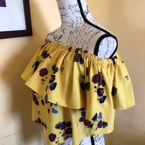 Tops - Yellow floral flounce off the shoulder crop top S Tops - Yellow floral flounce off the shoulder crop top S